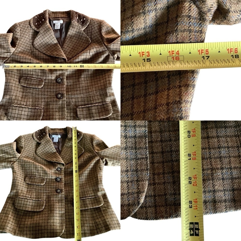 Sundance Brown Plaid Wool Blazer Jacket Studded Collar Women's Size 2 or 4 Lined - Picture 16 of 16